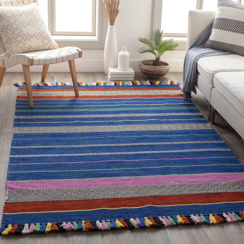 Loon Peak® Lerma Striped Handwoven Cotton Bright Blue Area Rug | Wayfair